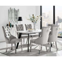 Anders Modern High Gloss Marble Effect Dining Table Set with 6 Luxury Button Velvet Dining Chairs