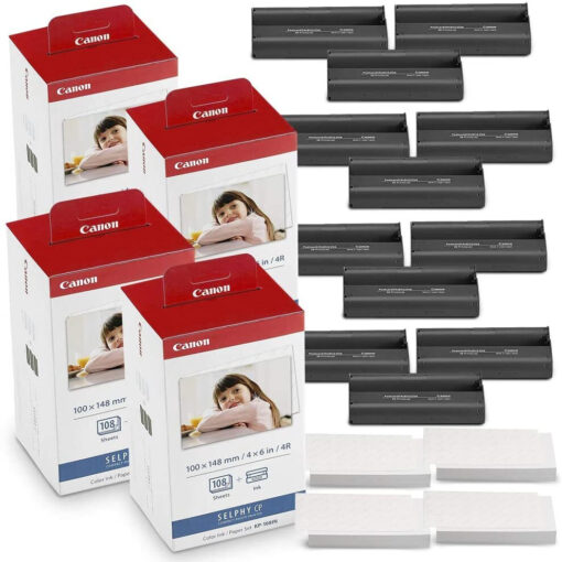 Canon KP-108IN Color Ink and Paper Set Includes Total of 432 Sheets and 12 Ink Cartridges and Fibertique Cleaning Cloth