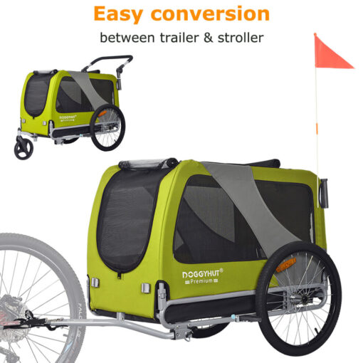 (Lime green/Black) Doggyhut XL Bike Dog Trailer & Stroller for Dogs Up to 45kgs With Parking Brakes