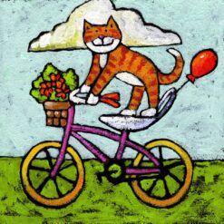 "Tiger Cat Bike Acrobat" by Janet Nelson Painting Print on Wrapped Canvas