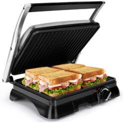 (2000W) Sandwich toaster 2000 W, deep-fill panini press with modified non-stick coating, large 180 flat grill, adjustable temperature control