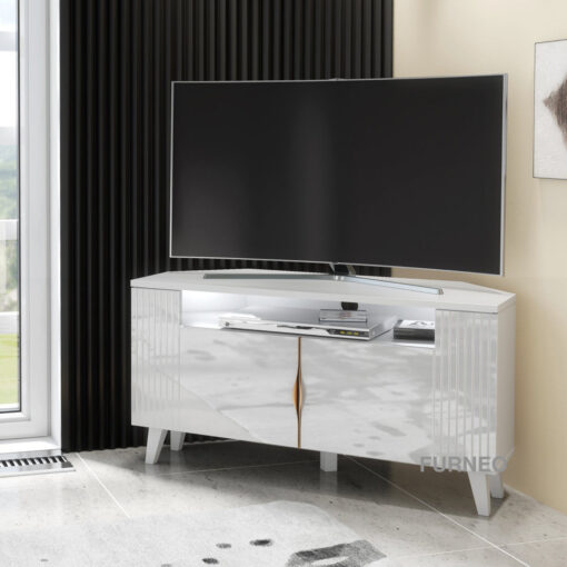 Azzurro06 White Corner TV Stand for TVs up to 45in with White LED Lights