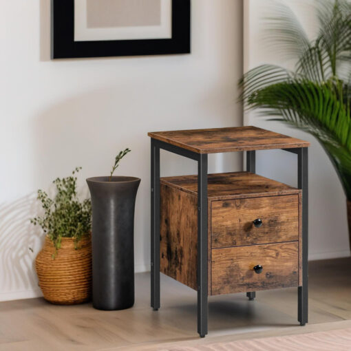 Dosch Wooden 2 Drawer Bedside Table Rustic Industrial Side End Tables Living Room Home Furniture