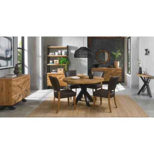 Ellipse Rustic Oak 4 Seater Circular Table With 4 Logan Upholstered Chairs In Old West Vintage