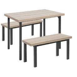 Habitat Zayn Wood Effect Dining Table & 2 Birch Benches