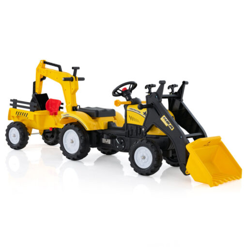 Kids Bulldozer 3 in1 Ride On Excavator w/ 6 Wheels &Detachable Trailer