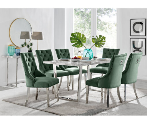 Kylooe Modern Marble And Silver Dining Table Set With 6 Luxury Button Velvet Dining Chairs