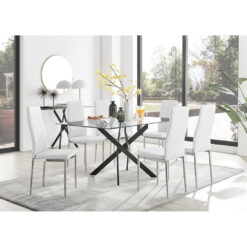 Leonardo Black Leg Glass Dining Table & 6 White Milan Chrome Leg Chairs