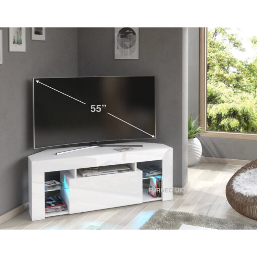 Milano05 White Corner TV Stand for TVs up to 55in with Blue LED Lights