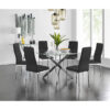 Modern Chrome Metal & Glass Round Dining Table Set with 6 Quilted Velvet Chairs