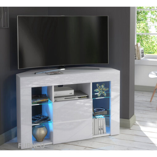 Venico02 White Corner TV Stand for TVs up to 45in with Blue LED Lights