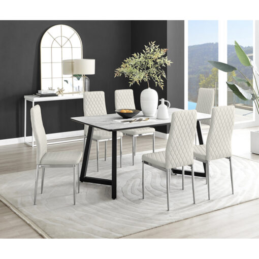 Carlon White & Grey Marble Effect Dining Table Set with x6 Luxury Velvet Upholstered Dining Chairs