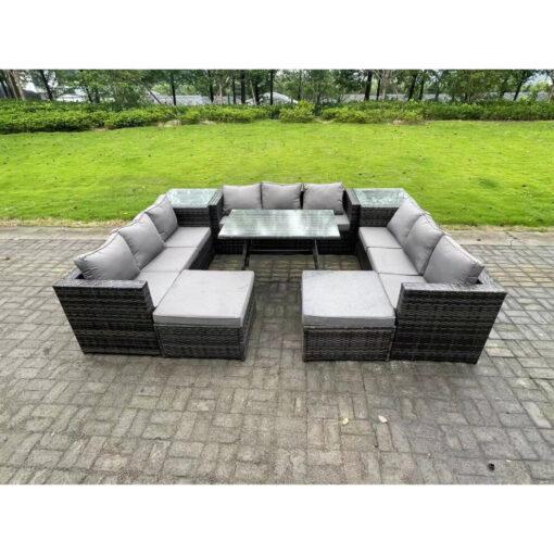 Fimous 11 Seater Wicker PE Rattan Outdoor Furniture Lounge Sofa Garden Dining Set with Dining Table 2 Side Tables 2 Big Footstools