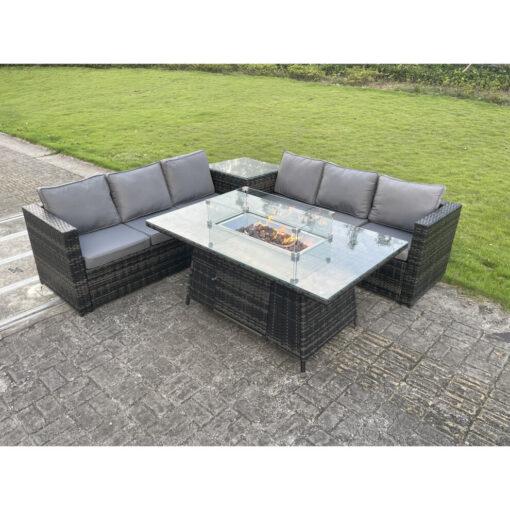 Fimous Outdoor Rattan Garden Corner Furniture Gas Fire Pit Table Sets Gas Heater Burner Lounge Dark Grey 6 Seater