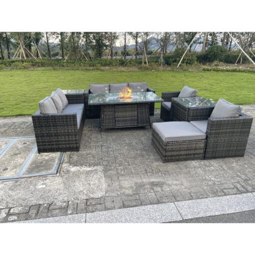 Fimous Outdoor Rattan Garden Furniture Gas Fire Pit Dining Table Sets Chairs Side Table 9 Seater