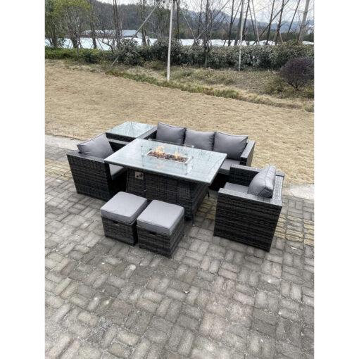 Fimous PE Rattan Garden Furniture Gas Fire Pit Dining Table 2 Stools
