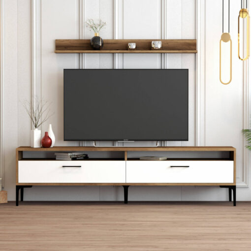 TV wall unit Dkatseri, Living room composition,180x35h47 cm, Walnut and White Marble