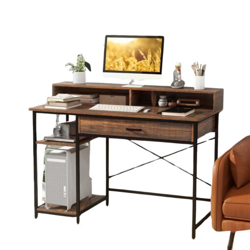 120Cm W Industrial 120CM Computer Desk With Monitor Stand, Shelves And Drawer