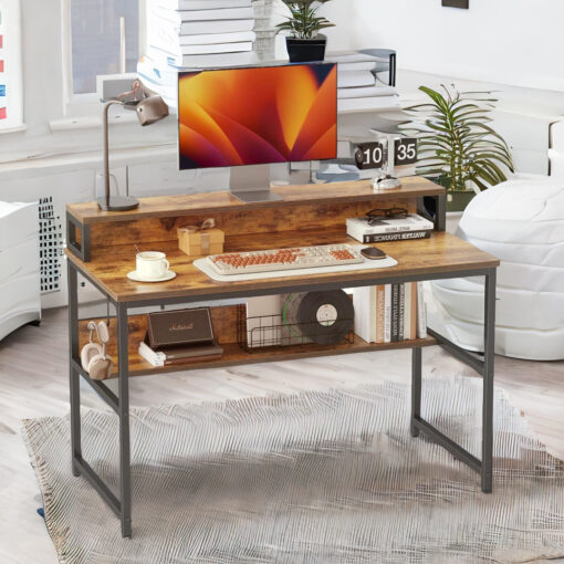 120Cm W Rectangular Computer Desk With Monitor Stand And Shelves