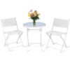 3PCS Folding Table Chairs, Garden Tempered Glass Round Table And 2 Seaters, Outdoor Indoor Metal Dining Furniture Set For Home Patio Yard Balcony (Whi