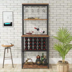 4-Tier Wine Bakers Rack, Freestanding Wine Rack With Glass Holder And Wine Storage, Multi-Function Home Bar Furniture Wine Bar Cabinet For Kitchen Din