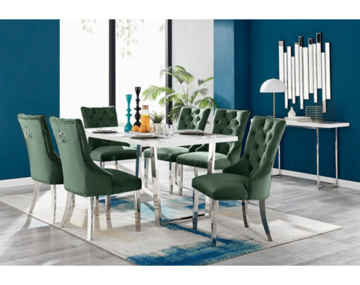 Atwater Minimalist Style Chrome & Marble Effect Dining Table Set with 6 Luxury Velvet Dining Chairs