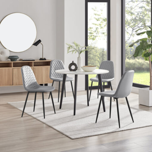 Bulkley White Gloss Round Dining Table & 4 Faux Leather Dining Chairs - Melamine Scratch Resist Top