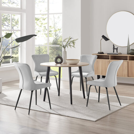 Bulkley White Gloss Round Dining Table & 4 Luxury Velvet Dining Chairs - Melamine Scratch Resist Top