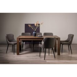 Dark Oak Large End Extension Table-&-8-Upholstered Arm Chair Quilted With Diamond Stitched Pattern & Sand Black Finish Grey Velvet Fabric (Pair)