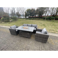 Fimous 5 Seater Outdoor PE Rattan Garden Furniture Gas Fire Pit Dining Table