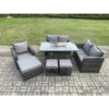 Fimous Outdoor Sofa Rattan Garden Furniture Set Patio Gas Fire Pit Dining Table and Reclining Chair set with 3 Footstools