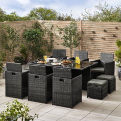 Icelynn PE Rattan 10 Seat Garden Dining Set with Cushioned Chairs & Glass Topped Dining Table