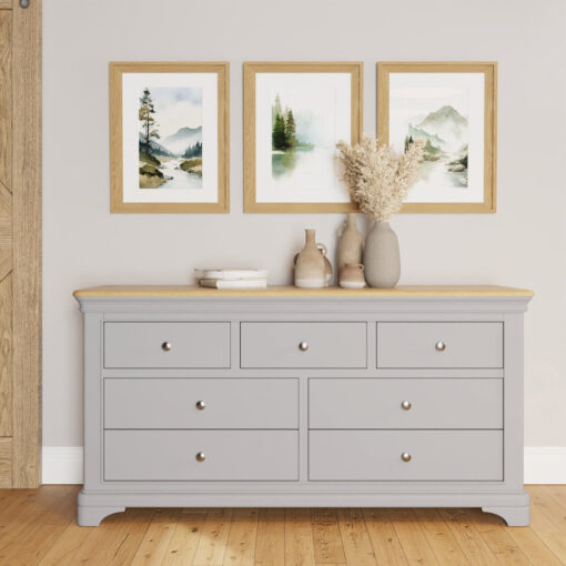 Joulon 7 Drawer Wide Chest of Drawers. 4 + 3 Configuration. Solid Wood. Oak Top. Fully Assembled.