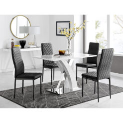 Marietta Chrome Metal and White High Gloss Dining Table Set - 4 Luxury Velvet Dining Chairs