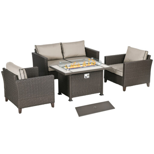 Outsunny 5 PCs Rattan Garden Furniture Set with Gas Fire Pit Table, Brown