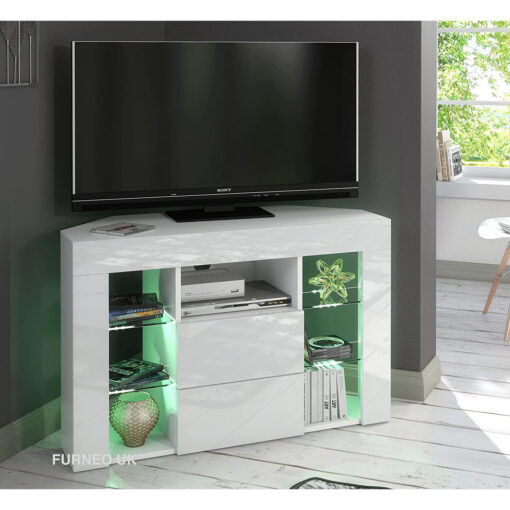 (RGB (multicoloured) LED Lights) White Corner TV Stand 100cm Gloss & Matt Venico02 LED Lights