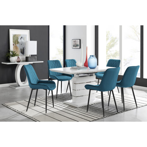 Renne Modern High Gloss Extendable Dining Table Set With 6 Luxury Velvet Dining Chairs