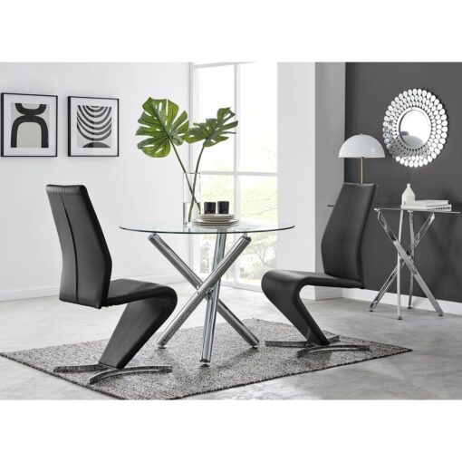 Seline Modern Round Dining Table Set in Glass and Chrome with 2 Modern Design Faux Leather Chairs