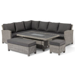 Sofia Rattan Rectangular Corner Dining Set with Rising Firepit Table in Grey