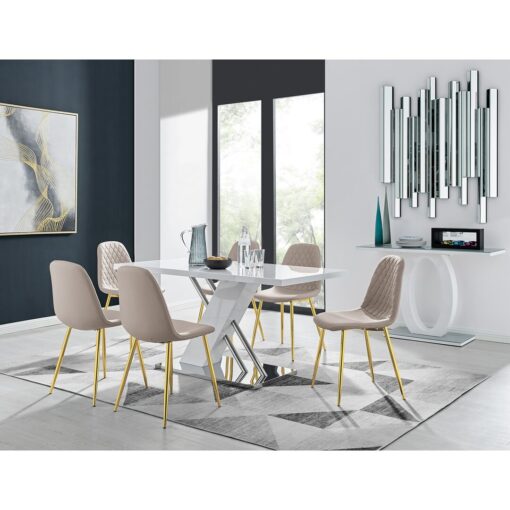 Sorro Cross Luxury High Gloss & Chrome Dining Table Set with 6 Luxury Faux Leather Chairs