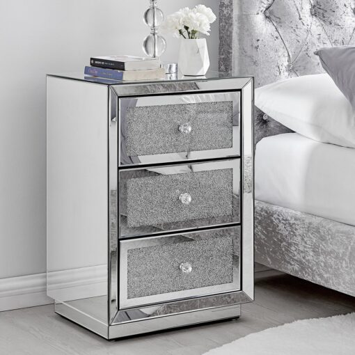 Stella Mirrored Bedside Table 3 Drawers Textured Modern Design