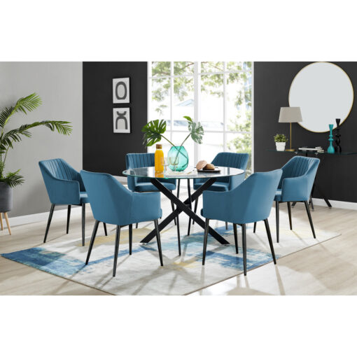 Tierra Modern Chrome Metal & Glass Round Dining Table Set with 6 Luxury Button Velvet Chairs