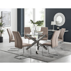 Vogo Modern Design Chrome and Glass Dining Table Set with 6 Upholstered Faux Leather Dining Chairs