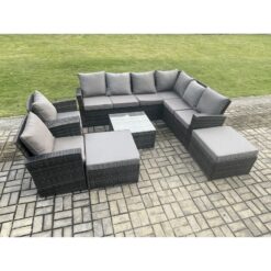 10 Seat Rattan Garden Furniture Corner Sofa Set Outdoor Patio Sofa Table Set with 2 Big Footstool 2 Armchairs Dark Grey Mixed - Fimous