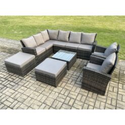 10 Seat Rattan Garden Furniture Corner Sofa Set Outdoor Patio Sofa Table Set with 2 Big Footstool Dark Grey Mixed - Fimous