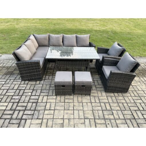 10 Seater Garden Rattan Furniture Corner Dining Set with 2 Small Footstools Armchair Indoor Outdoor Lounge Sofa Set Dark Grey Mixed - Fimous