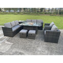 10 Seater Outdoor Rattan Garden Furniture Gas Fire Pit Table Dining Set Gas Heater Lounge Chairs Small Footstools Dark Grey - Fimous