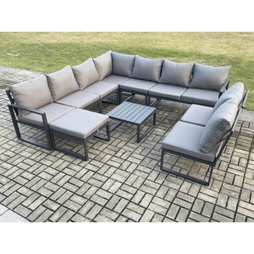 10 Seater Patio Outdoor Garden Furniture Aluminium Lounge Corner Sofa Set with Square Coffee Table with Big Footstool Dark Grey - Fimous