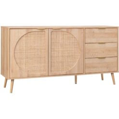 150cm wood and rounded cane rattan sideboard, Eva, Natural, 150x39x79 cm