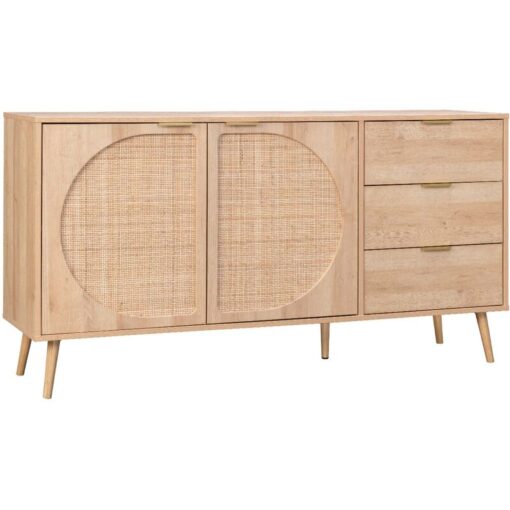 150cm wood and rounded cane rattan sideboard, Eva, Natural, 150x39x79 cm